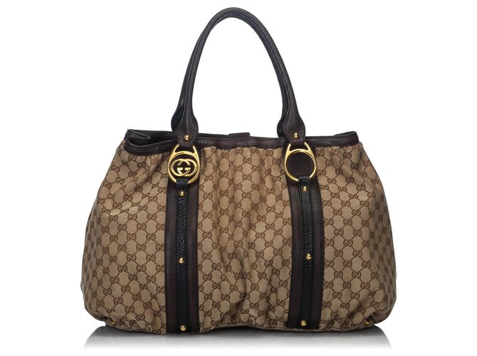 Gucci Brown GG Jacquard Interlocking Twin Tote Bag Light brown Dark brown Leather Cloth  ref.134885