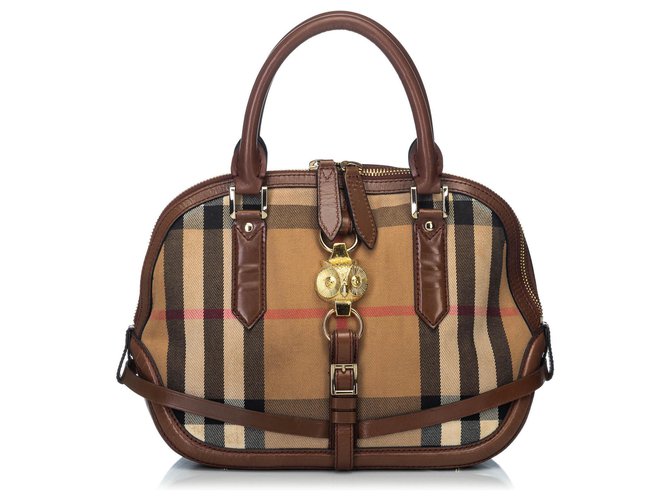 Burberry Brown House Check Canvas Cartella di gufo frutteto Marrone Multicolore Marrone chiaro Pelle Tela Panno  ref.135100