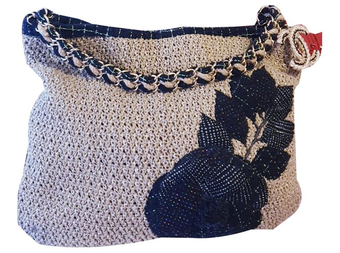 Chanel bag of straw and tweed Black Beige  ref.135311