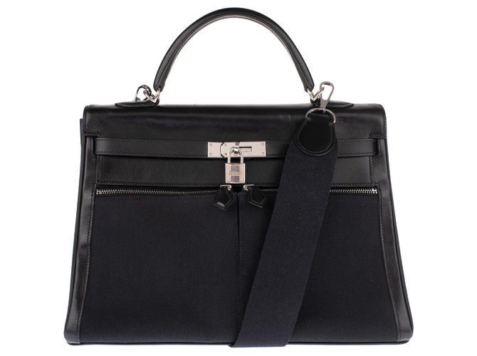 Hermès Impresionante y raro Hermes Kelly Lakis 35 correa de cuero para el hombro, Herrajes de paladio en muy buen estado! Negro Lienzo  ref.135339