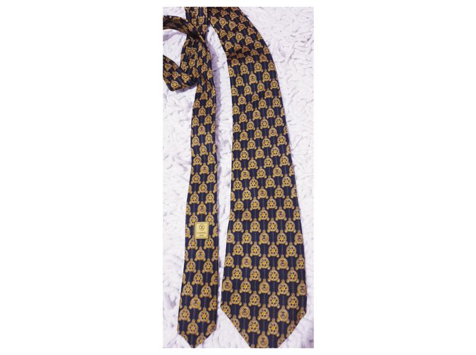 Cravate chanel soie Moutarde Bleu foncé  ref.135418