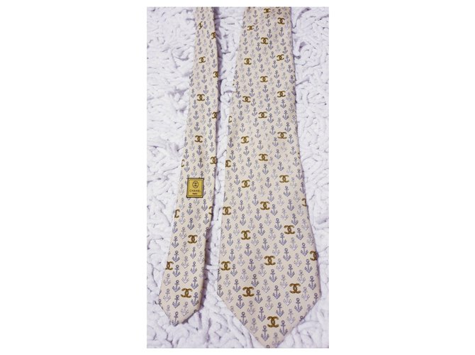 Corbata de seda de Chanel Gris Mostaza Blanco roto  ref.135420