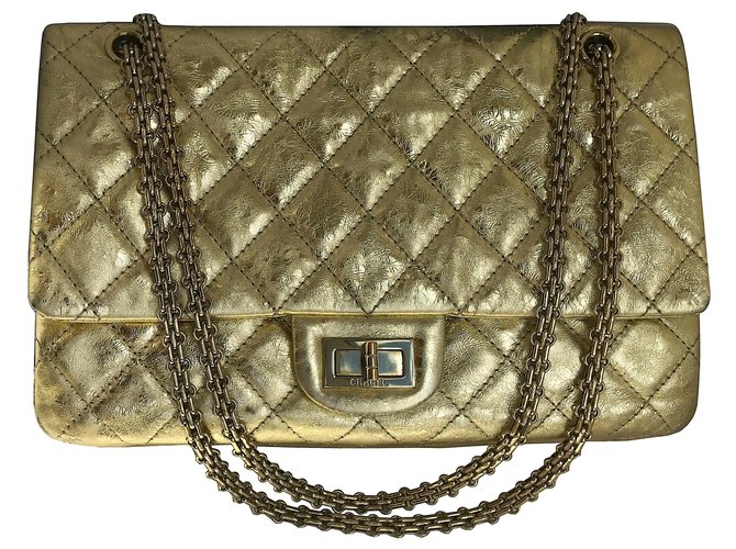 Chanel 2.55 Reedição 227 (31 cm) Flap Bag w / box Dourado Metálico Couro  ref.135504