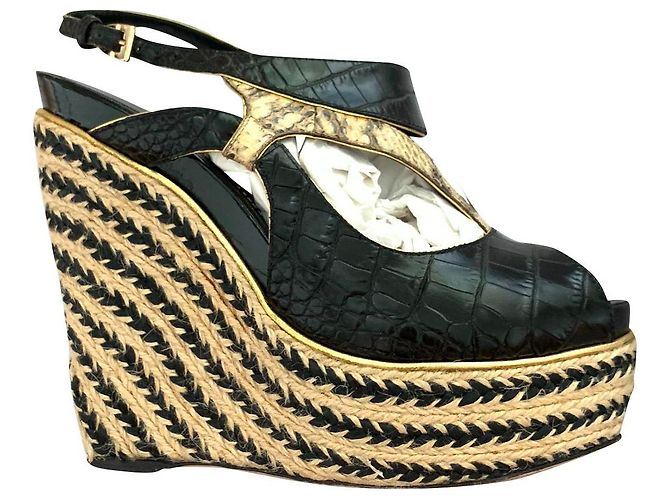 Christian Dior Sandali con zeppa in pelle Dior Nero Beige D'oro