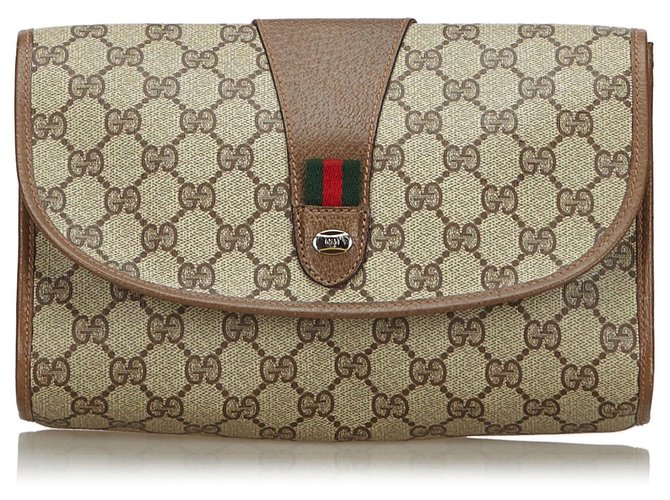 Gucci Brown GG Web Clutch Bag Marrom Bege Couro Plástico  ref.135702