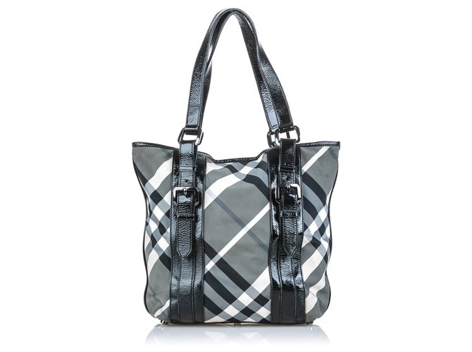 Burberry Black Beat Check Lowry Canvas Tote Bag Grey Leather Cloth Cloth  ref.135910