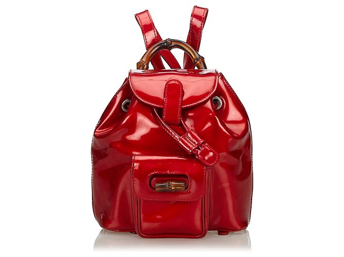 Gucci Red Bamboo Patent Leather Drawstring Backpack