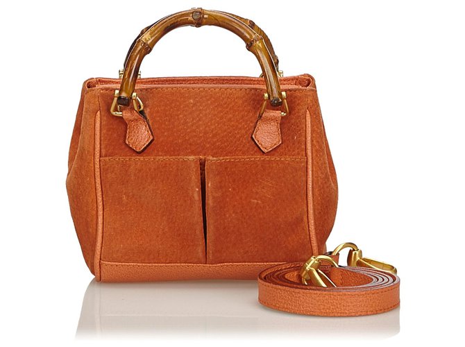 Gucci Cartable en daim et bambou orange Suede Cuir Bois  ref.136305