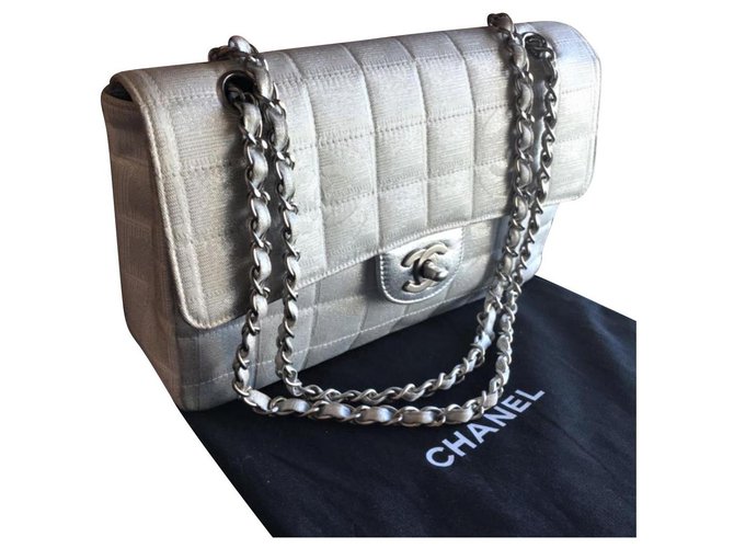 Chanel Timeless Classic Silver Jacquard flap bag Silvery Cloth  ref.136401