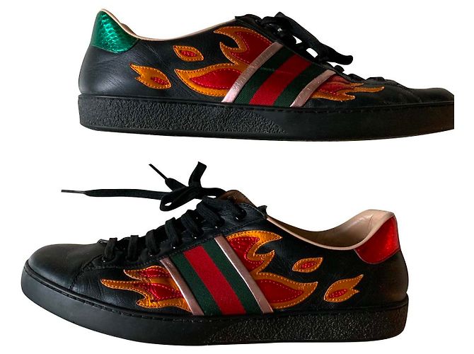 Sneakers Gucci Ace Flames in pelle nera e rossa Nero Rosso
