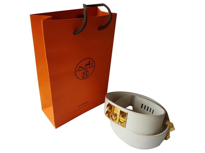 Hermès Hundehalsband Weiß Leder Vergoldet  ref.136501