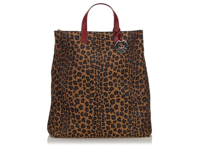 Sac cabas en toile à imprimé léopard brun Fendi Cuir Tissu Marron Multicolore Beige  ref.136750