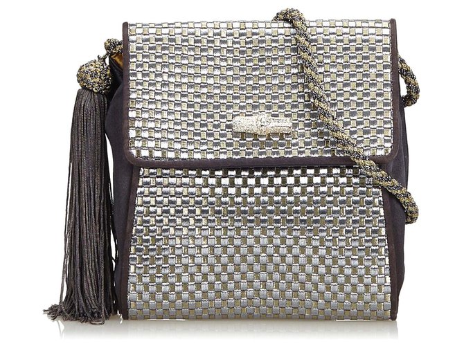 Gucci Silver Textured Tecido Crossbody Bag Preto Prata Pano Cetim  ref.136754