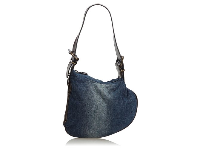 Fendi Blue Denim Oyster Bag Cuir Jean Tissu Marron Bleu Marron foncé  ref.136782
