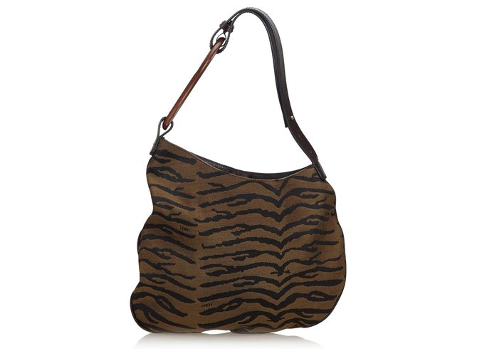 Fendi Brown Animal Printed Canvas Oyster Shoulder Bag Black Leather Cloth Cloth  ref.136798