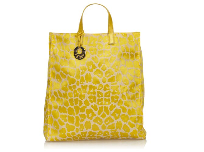 Fendi Yellow Printed Canvas Tote Bag Leather Cloth Cloth  ref.137020