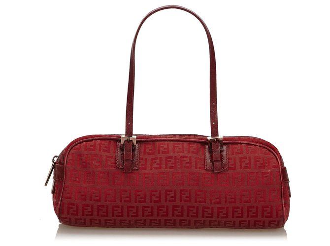 Fendi Red Zucchino Canvas Handbag Leather Cloth Cloth  ref.137149