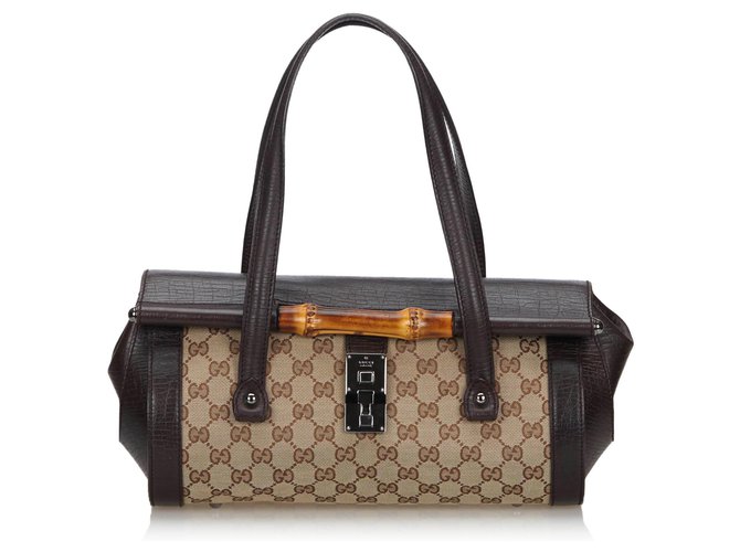 Gucci Brown GG Canvas Bamboo Bullet Shoulder Bag Beige Dark brown Leather Cloth Cloth  ref.137181