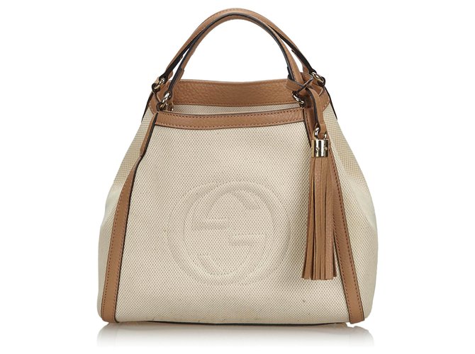 Gucci White Soho Canvas Shoulder Bag Brown Cream Light brown Leather Cloth Cloth  ref.137182