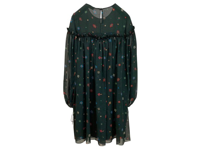 Chloé Vestido de chiffon de seda estampado Verde escuro  ref.137218