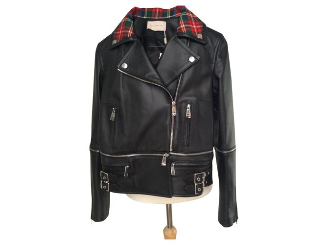 Christopher Kane Leather Tartan Collar Zip Biker Leather Jacket Black Multiple colors Viscose  ref.137272