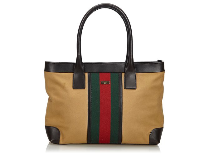 Gucci Brown Web Canvas Einkaufstasche Braun Mehrfarben Beige Leder Leinwand Tuch  ref.137280