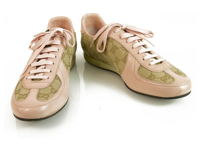 Gucci Pink Leather und GG Monogram Canvas Designer Sneakers Sneakers Schuhe 38 Beige Leder  ref.137307