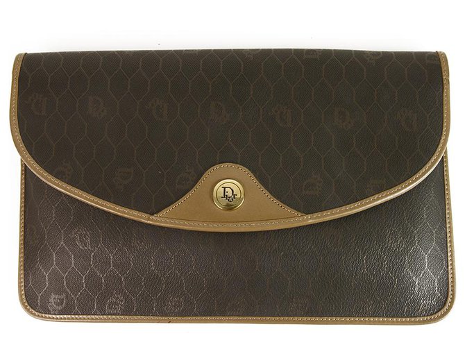 Christian Dior Vintage Brown Monogram Canvas Tan Leather Trim Flap Clutch Bag  ref.137321