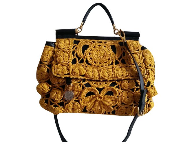 Dolce & Gabbana Crochet sicilia Negro Amarillo Cuero Lana Paño  ref.137341