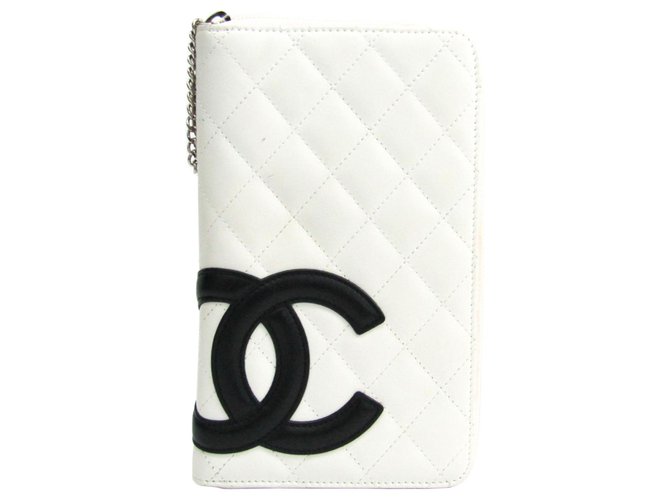 Chanel White Cambon Ligne Lange Brieftasche Schwarz Weiß Leder Kalbähnliches Kalb  ref.137422