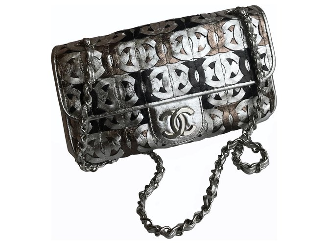 Timeless Chanel Limited  Laser Cut Logo Classic Flap Bag Silvery Leather  ref.137557