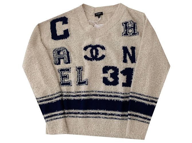 Chanel Varsity Iconic Logo Pullover Sweater Size 34 Beige Algodón