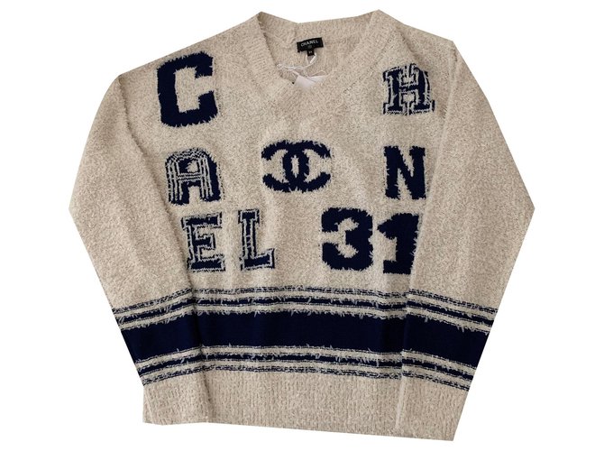 Chanel Varsity Iconic Logo Pullover Sweater Size 34 Beige Cotton
