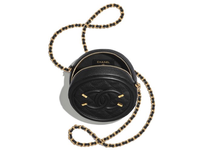 Chanel Nuevo bolso de bandolera de cadena redonda con filigrana de CC Negro Cuero  ref.137611