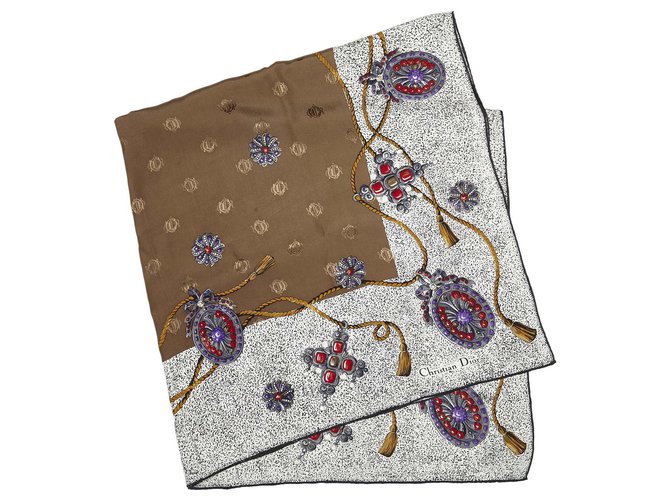 Bufanda de seda estampada marrón de dior Castaño Multicolor Paño  ref.137721