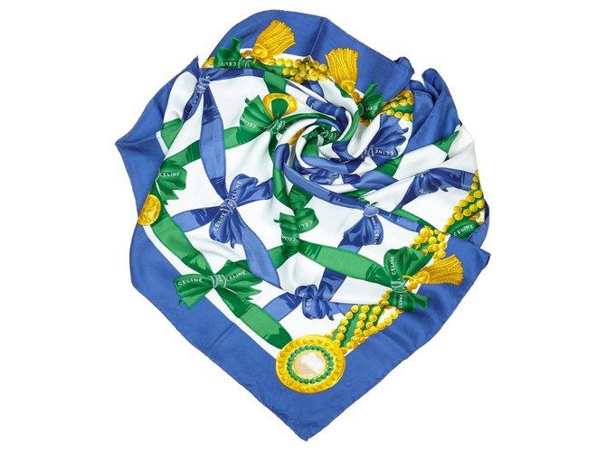Céline Pañuelo de seda estampado celine azul Multicolor Paño  ref.137737