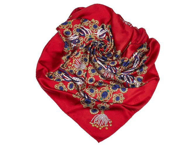 Chanel gema roja bufanda de seda estampada Multicolor Paño  ref.137745