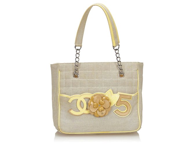 Chanel Gray Camellia CC No 5 Tote bag Grey Yellow Leather Patent