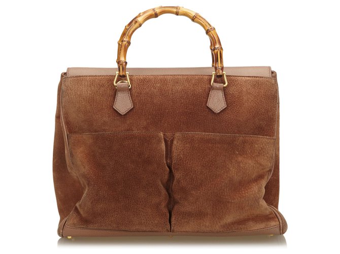 Gucci Brown Bamboo Suede Handbag Leather Wood  ref.137747