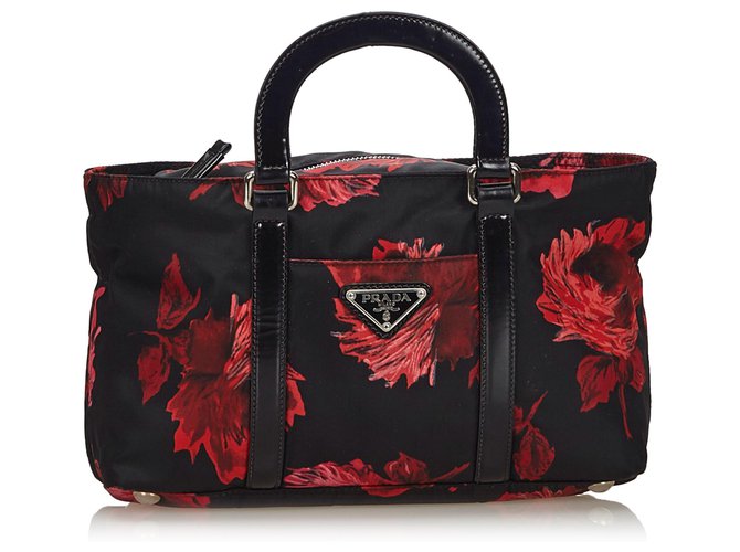 Prada Black Printed Nylon Handbag Red Leather Cloth  ref.137751