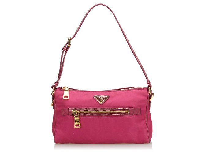 Prada Prada Pink Tessuto Nylon Baguette Handbags Leather    