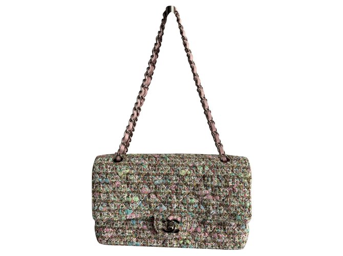 Chanel Pink and Green Tweed Classic Flap Bag