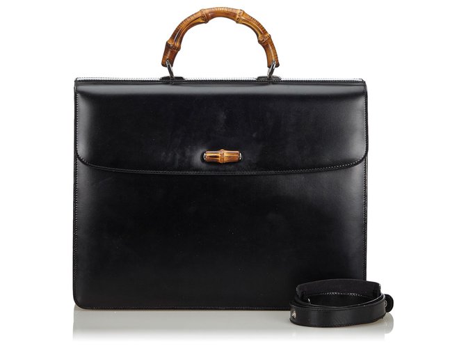 Gucci Black Bamboo Leather Briefcase Wood  ref.137924