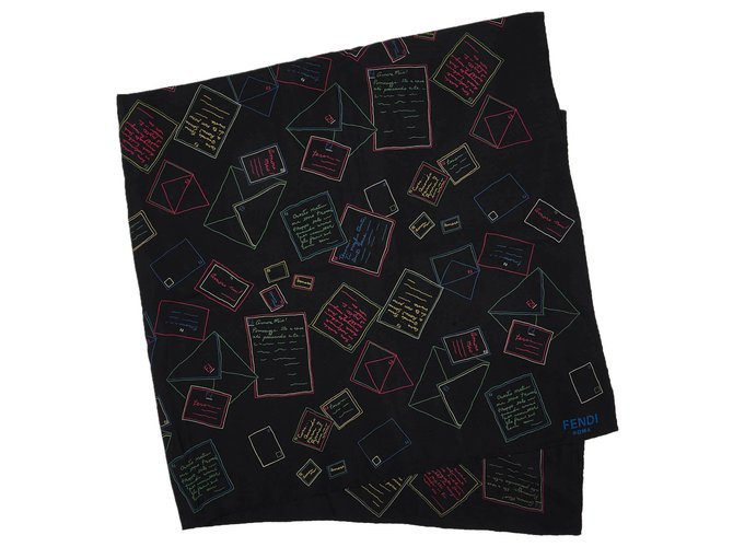 Fendi Écharpe en soie noire Tissu Multicolore  ref.137947