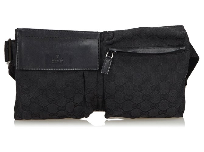 Gucci Black GG Canvas Belt Bag Negro Cuero Lienzo Paño  ref.138125