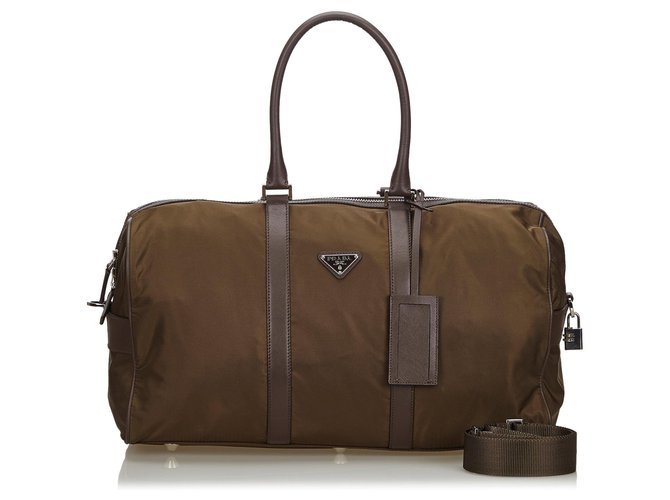 Prada Brown Nylon Duffle Bag Dark brown Leather Cloth  - Joli  Closet