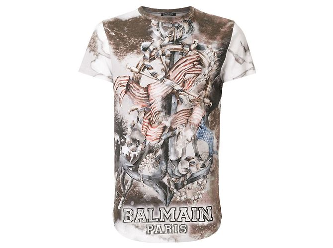T-shirt âncora e bandeira da marca de designer Balmain. Multicor