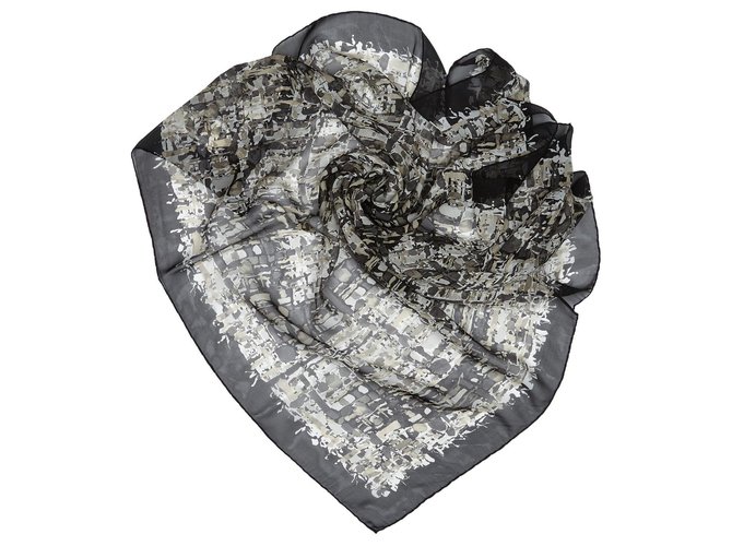 Chanel Gray Printed Silk Scarf Multiple colors Grey Cloth  ref.138302