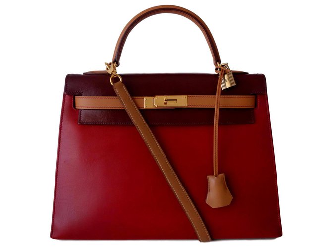 Hermès HERMES KELLY TRICOLORE BAG 32 Red Dark red Caramel Leather  ref.138658