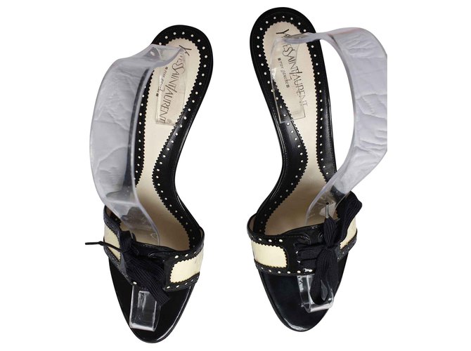 Yves Saint Laurent YSL Patent leather mules Black White  ref.138843